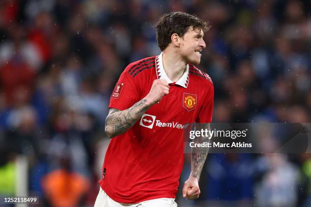 Manchester United's Victor Lindelof celebrates after his penalty wins the Emirates FA Cup Semi Final match between Brighton & Hove Albion and...