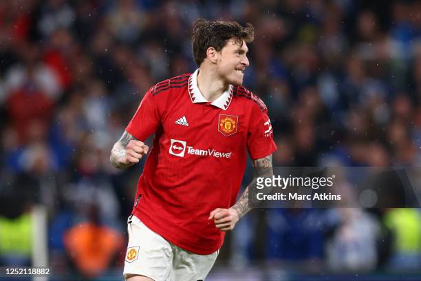Manchester United's Victor Lindelof celebrates after his penalty wins the Emirates FA Cup Semi Final match between Brighton & Hove Albion and...