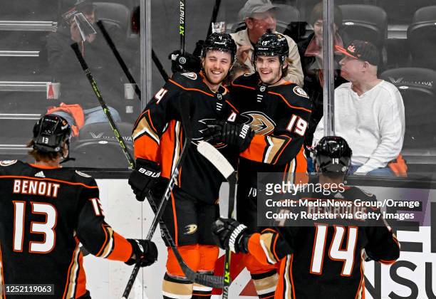 The Ducks celebrate after Troy Terry scored a goal in the first period against the Kings in a game at the Honda Center in Anaheim on Thursday, April...