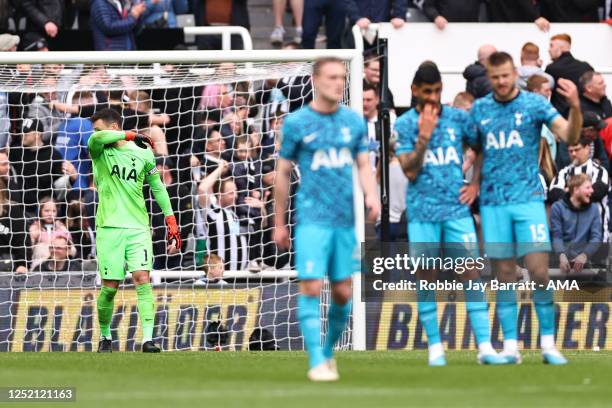 Hugo Lloris of Tottenham Hotspur reacts during the Premier League match between Newcastle United and Tottenham Hotspur at St. James Park on April 22,...