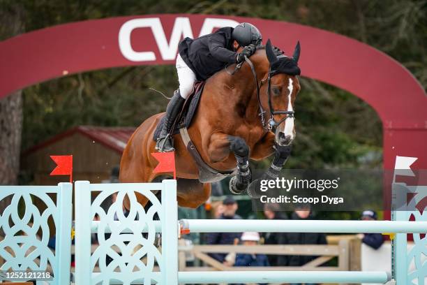 Reynald ANGOT riding CHROME D'IVRAIE during the Le printemps des sports equestres - day 3 on April 23, 2023 in Fontainebleau, France.
