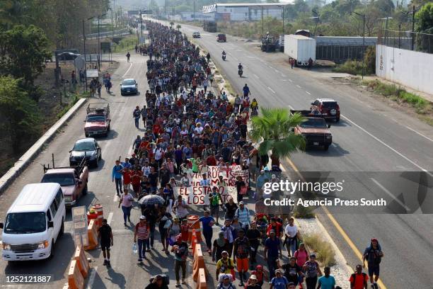 Migrants start the caravan to Mexico City during a protest against migration retention policy on April 23, 2023 in Tapachula, Mexico.