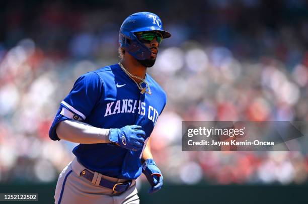 Melendez of the Kansas City Royals rounds the bases after hitting a solo home run in the first inning against the Los Angeles Angels at Angel Stadium...