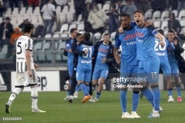 Juan Jesus and Amir Rrahmani of Napoli celebrate as Manuel Locatelli of Juventus, leaves the pitch at the end of the Italian Serie A football match...