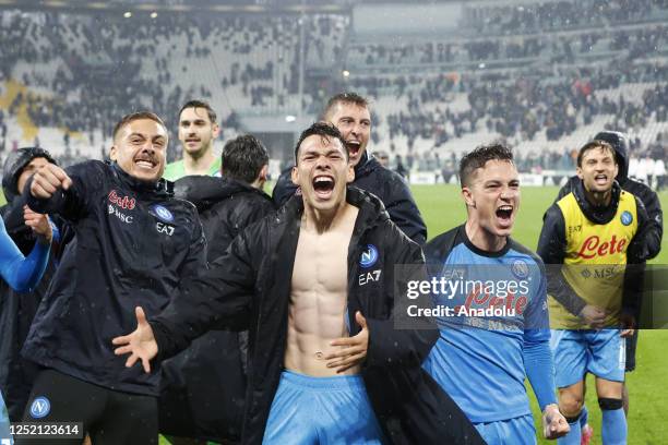 Napoli players celebrate at the end of the Italian Serie A football match between Juventus and Napoli at the Allianz Stadium in Turin, Italy, on...