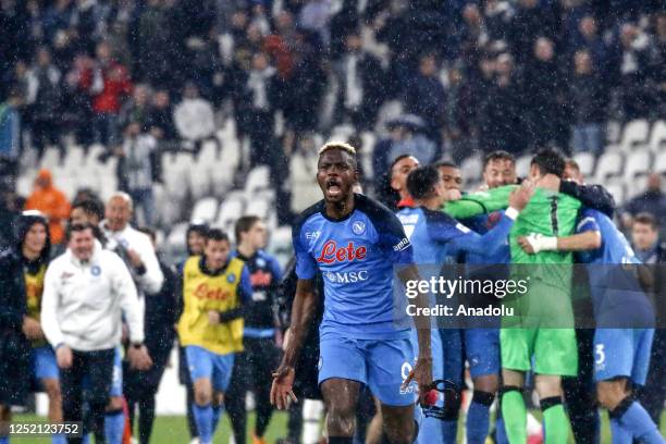 Victor Osimhen of Napoli, celebrates at the end of the Italian Serie A football match between Juventus and Napoli at the Allianz Stadium in Turin,...