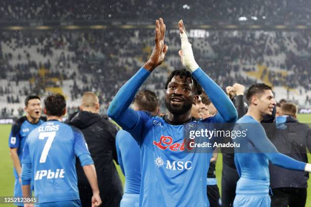 Frank Anguissa, of Napoli, and his teammates celebrate at the end of the Italian Serie A football match between Juventus and Napoli at the Allianz...