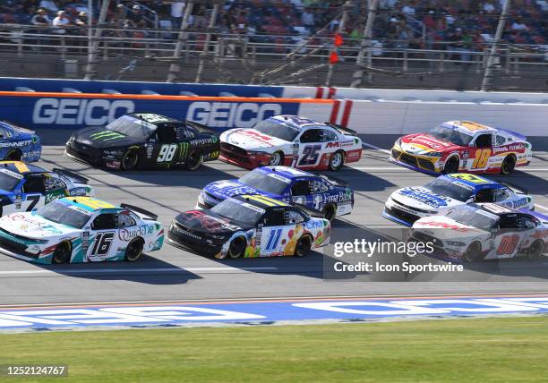 General view as cars race down the front stretch during the running of the NASCAR Xfinity Series Ag-Pro 300 on April 22 at Talladega Superspeedway in...