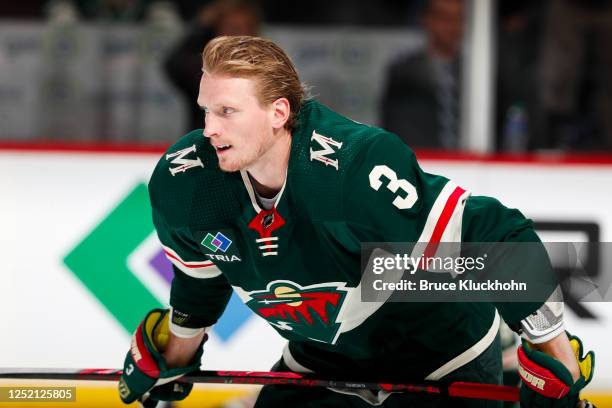 John Klingberg of the Minnesota Wild warms up before Game Four of the First Round of the 2023 Stanley Cup Playoffs against the Dallas Stars at Xcel...