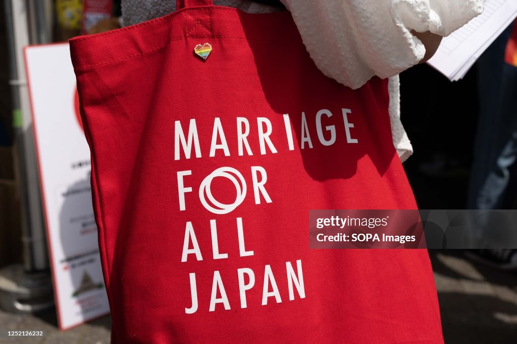 "Marriage for all Japan" slogan written on a bag. Tokyo...