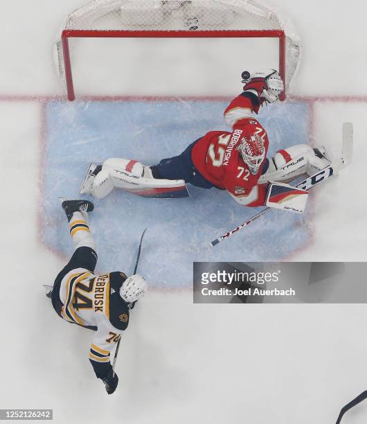 Jake DeBrusk of the Boston Bruins scores a second period goal past goaltender Sergei Bobrovsky of the Florida Panthers in Game Four of the First...