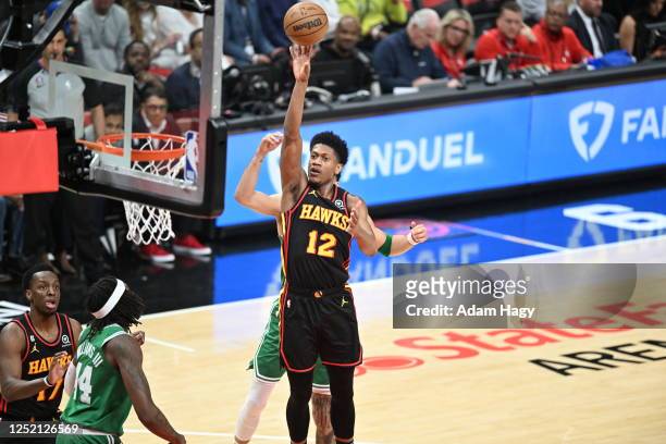 De'Andre Hunter of the Atlanta Hawks shoots the ball during Round One Game Four of the 2023 NBA Playoffs on April 23, 2023 at State Farm Arena in...