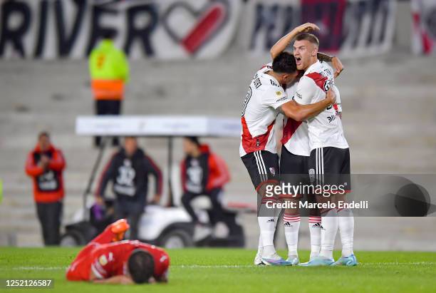 Esequiel Barco of River Plate celebrates with teammates after scoring the team's first goal during a Liga Profesional 2023 match between River Plate...