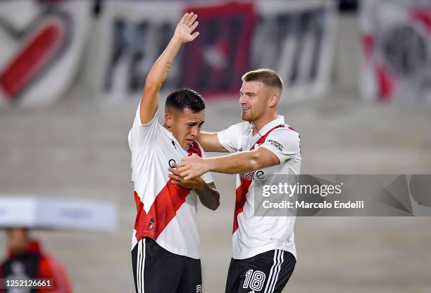 Esequiel Barco of River Plate celebrates with teammate Lucas Beltran after scoring the team's first goal during a Liga Profesional 2023 match between...
