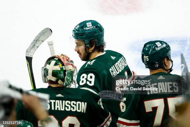 Frederick Gaudreau of the Minnesota Wild celebrates his power play goal against the Dallas Stars in the third period of Game Four of the First Round...