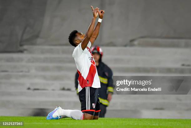Miguel Borja of River Plate celebrates after scoring the team's second goal during a Liga Profesional 2023 match between River Plate and...