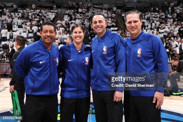 Referees David Guthrie, Bill Kennedy, Ray Acosta and Natalie Sago post for a photo before Round 1 Game 4 of the 2023 NBA Playoffs between the Denver...