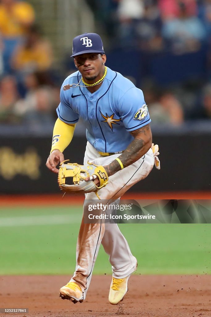 Tampa Bay Rays Shortstop Wander Franco fields a ground ball and makes ...