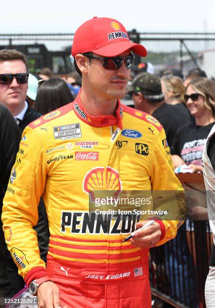 Joey Logano looks on before the running of the NASCAR Cup Series Geico 500 on April 23 at Talladega Superspeedway in Talladega, AL.