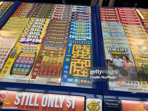 Instant scratch and win lottery tickets displayed at a small kiosk in Toronto, Ontario, Canada, on April 06, 2023.