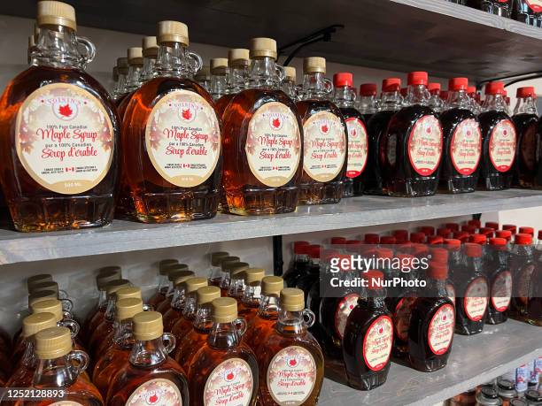 Jars of maple syrup displayed at a shop in Woodbridge, Ontario, Canada, on March 05, 2023. Maple syrup is only produced in North America.