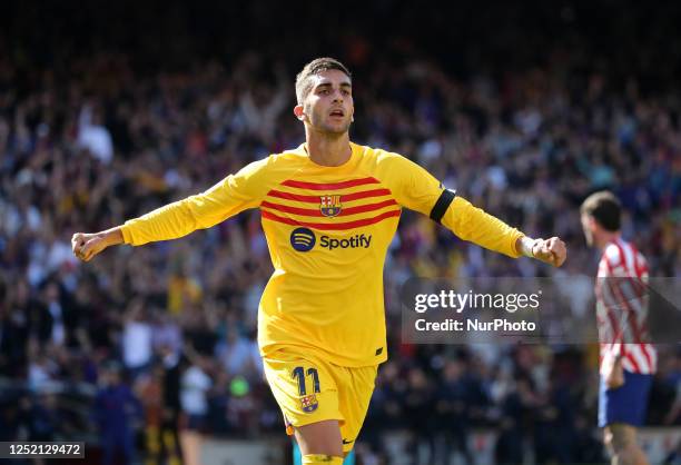 Ferran Torres goal celebration during the match between FC Barcelona and Club Atletico de Madrid, corresponding to the week 30 of the Liga Santander,...