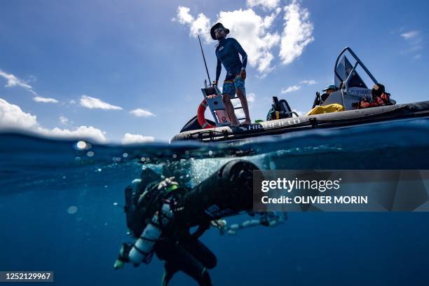 Emmanuel Gouin, French doctor and safety diver, pulls down the photography gear before taking pictures of the sea bed under the water to study the...