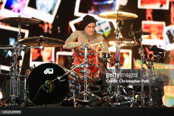 Travis Barker of Blink-182 performs onstage at the 2023 Coachella Valley Music & Arts Festival on April 23, 2023 in Indio, California.