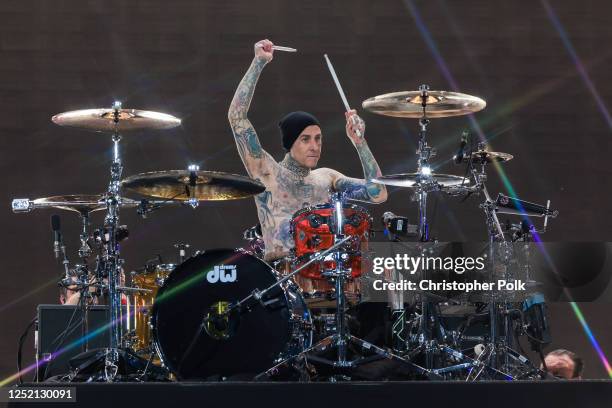 Travis Barker of Blink-182 performs onstage at the 2023 Coachella Valley Music & Arts Festival on April 23, 2023 in Indio, California.