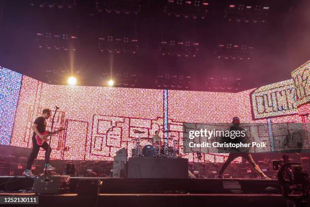 Mark Hoppus, Travis Barker and Tom DeLonge of Blink-182 perform onstage at the 2023 Coachella Valley Music & Arts Festival on April 23, 2023 in...