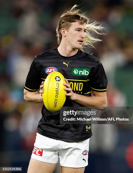 Hugo Ralphsmith Hugo Ralphsmith of the Tigers warms up during the 2023 AFL Round 06 ...
