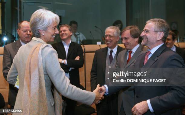 Eurogroup finance ministers, German Peer Steinbrueck, French Christine Lagarde, Dutch Wouter Bos, Italian Tommaso Padoa Schioppa, Luxembourg Jeannot...