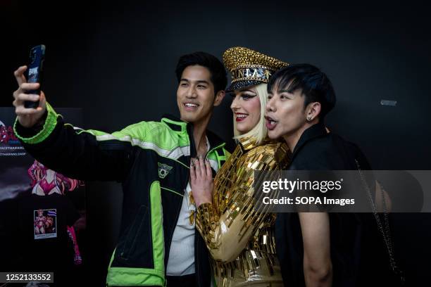 Thai influencer DJ Bank and singer Ton Thanasit pose for a photo with Laganja Estranga during a meet and greet. "Drag Race Thai Fans Vs. The World,"...