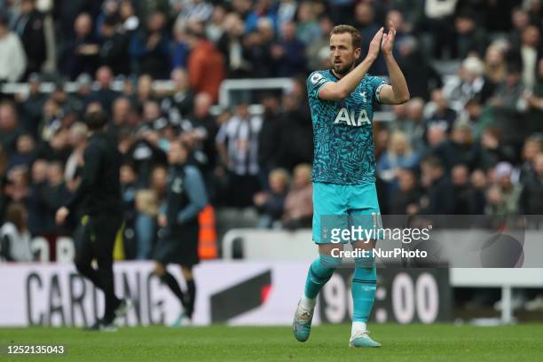 Tottenham Hotspur's Harry Kane applauds their fans after the Premier League match between Newcastle United and Tottenham Hotspur at St. James's Park,...