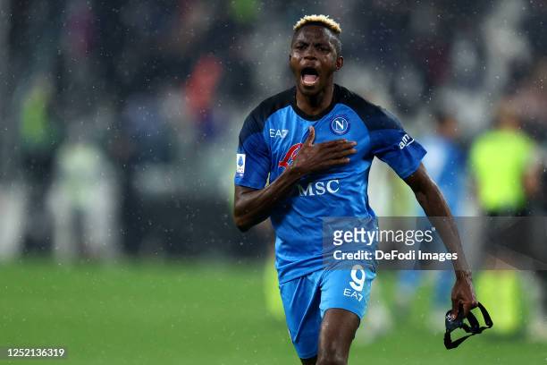Victor Osimhen of Ssc Napoli celebrate after winning the Serie A match between Juventus and SSC Napoli at Allianz Stadium on April 23, 2023 in Turin,...