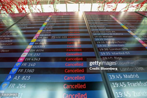 Flight departure board shows cancelled flights, during a one-day strike by security control staff, at Berlin Brandenburg airport in Berlin, Germany,...