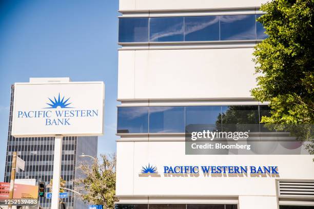 Pacific Western Bank branch in Encino, California, US, on Saturday, April 22, 2023. PacWest Bancorp is scheduled to release earnings figures on April...