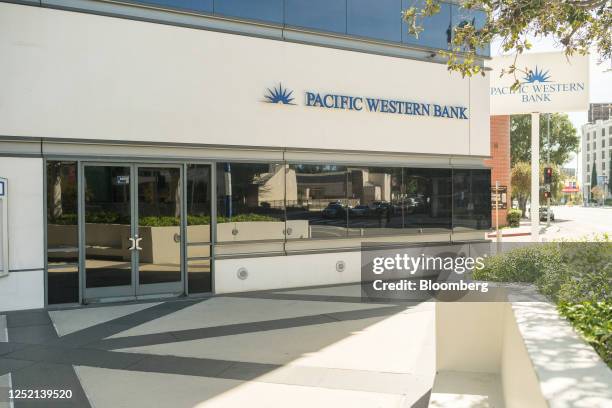 Pacific Western Bank branch in Encino, California, US, on Saturday, April 22, 2023. PacWest Bancorp is scheduled to release earnings figures on April...