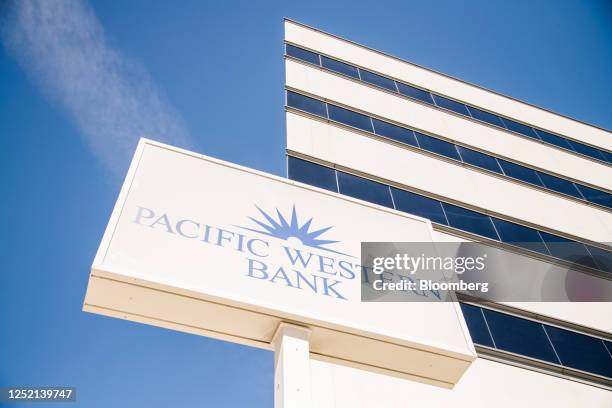 Pacific Western Bank branch in Encino, California, US, on Saturday, April 22, 2023. PacWest Bancorp is scheduled to release earnings figures on April...