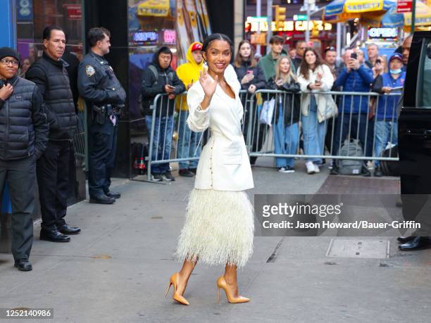 Yara Shahidi is seen arriving at 'Good Morning America' on April 24, 2023 in New York City.
