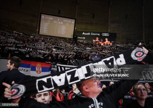 Partizan's fans cheer during the EuroLeague basketball match between KK Partizan Belgrade and Bayern Munich in Munich, on February 9, 2023. - With...
