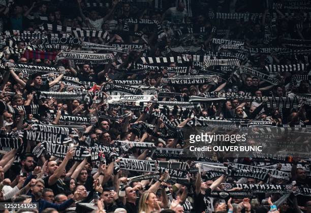 Partizan's fans cheer during the EuroLeague basketball match between KK Partizan Belgrade and Olympiacos in Belgrade, on March 24, 2023. - With sold...