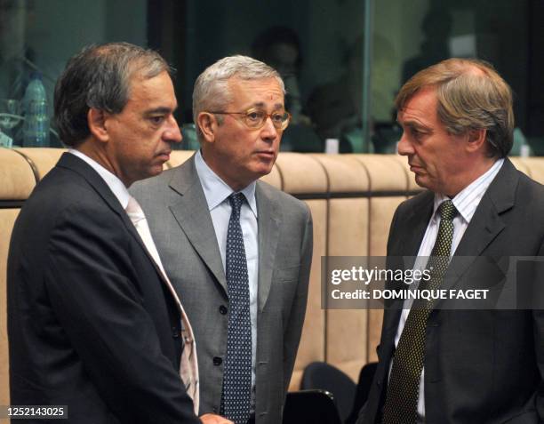 Italian Finance Minister Giulio Tremonti talks with counterparts of Luxembourg Jeannot Krecke and Cyprus Charilaos Stavrakis on July 7, 2008 before...