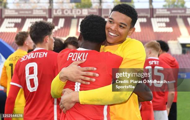 Rome-Jayden Owusu-Oduro, right, and Ernest Poku of AZ Alkmaar celebrate after the UEFA Youth League 2022/23 final match between AZ Alkmaar and HNK...