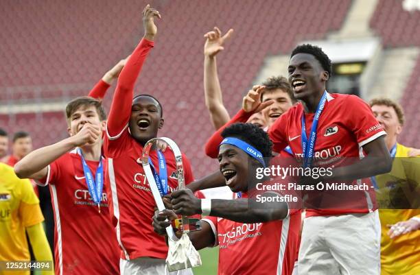 Jayden Addai of AZ Alkmaar celebrates after the UEFA Youth League 2022/23 final match between AZ Alkmaar and HNK Hajduk Split at Stade de Genève on...