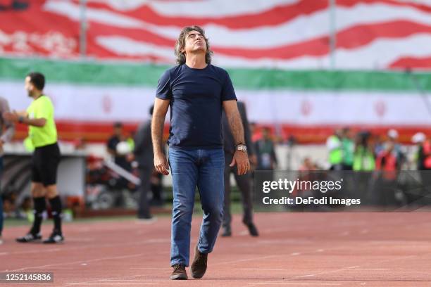 Head coach Ricardo Sa Pinto of Esteghlal looks dejected during the Persian Gulf Pro League match between Persepolis and Esteghlal at Azadi Stadium on...