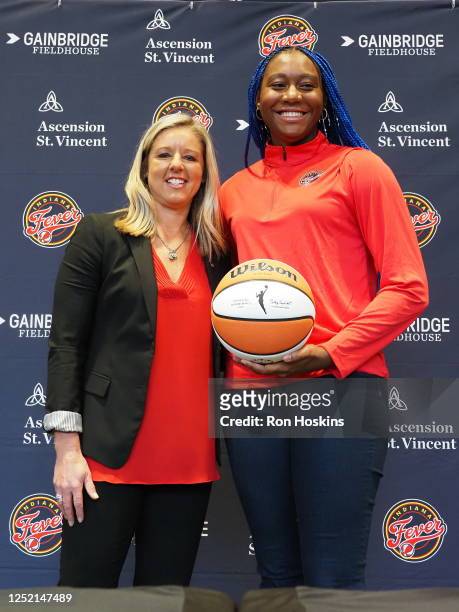 Christie Sides of the Indiana Fever poses for a photo Aliyah Boston, the No. 1 WNBA draft pick during an introductory press conference on April 18,...