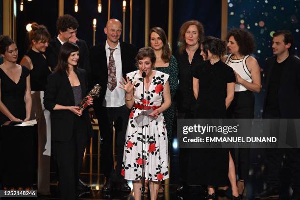 French actress and stage director Johanna Boye , flanked by French actress Elisabeth Ventura speaks after receiving the Moliere from young audience...