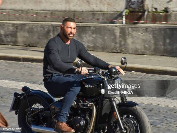 Dave Batista is seen filming 'My Spy 2' on April 24, 2023 in Rome, Italy.