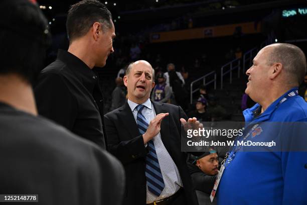 Analyst Jeff Van Gundy talking with New York Knicks President Leon Rose prior to a game between the New York Knicks vs Los Angeles Lakers at...